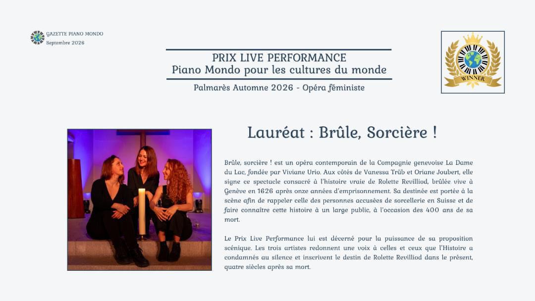 Annonce du Prix Live Performance Piano Mondo attribué à Brûle, sorcière !